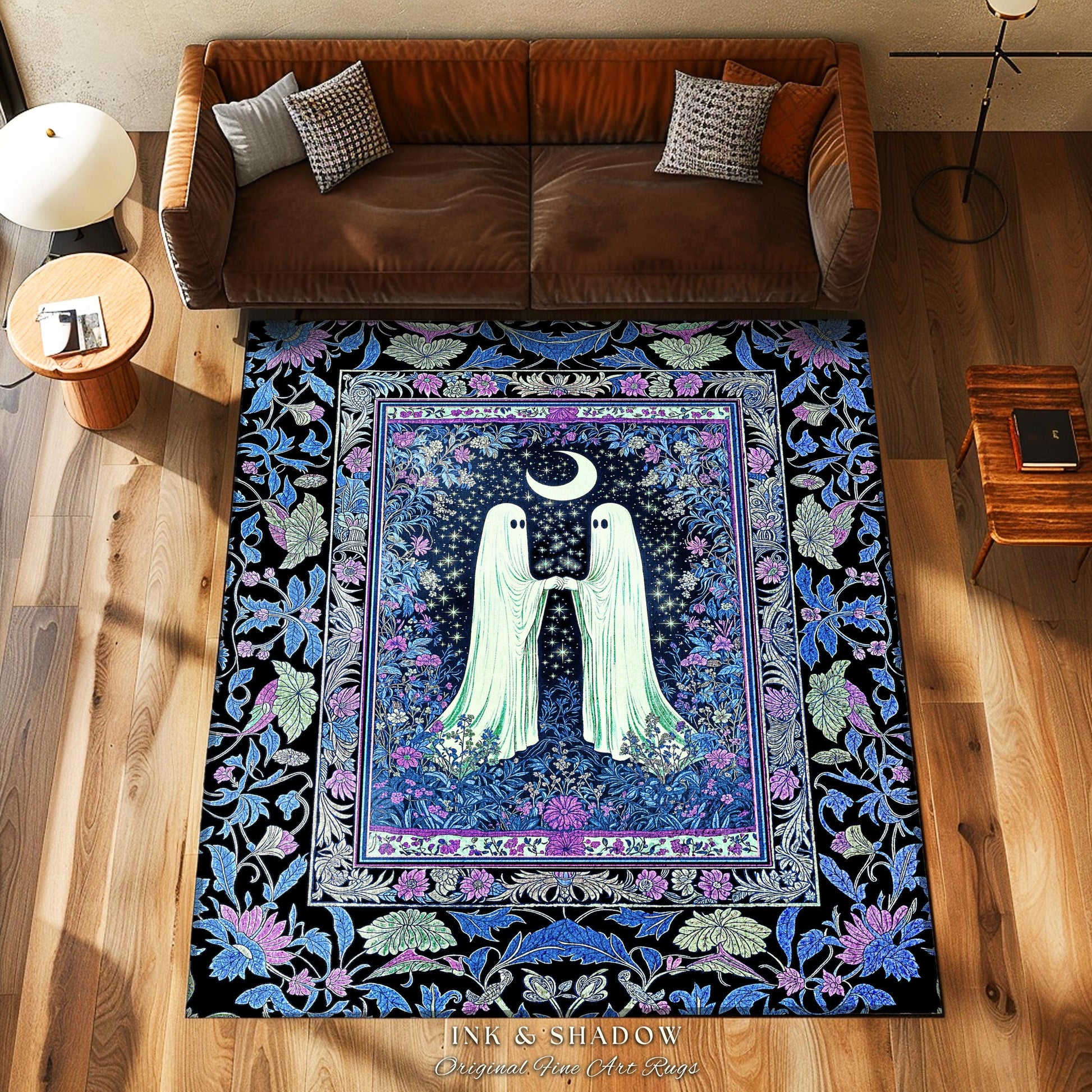 Indigo Lavender Ghost Accent Rug | Cottagecore Celestial Bedroom Decor Whimsigoth Spirits Cozy Retro Halloween Enchanted Night Gothic Style