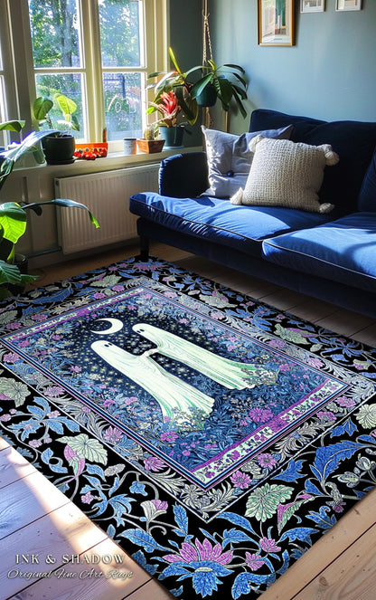 Indigo Lavender Ghost Accent Rug | Cottagecore Celestial Bedroom Decor Whimsigoth Spirits Cozy Retro Halloween Enchanted Night Gothic Style