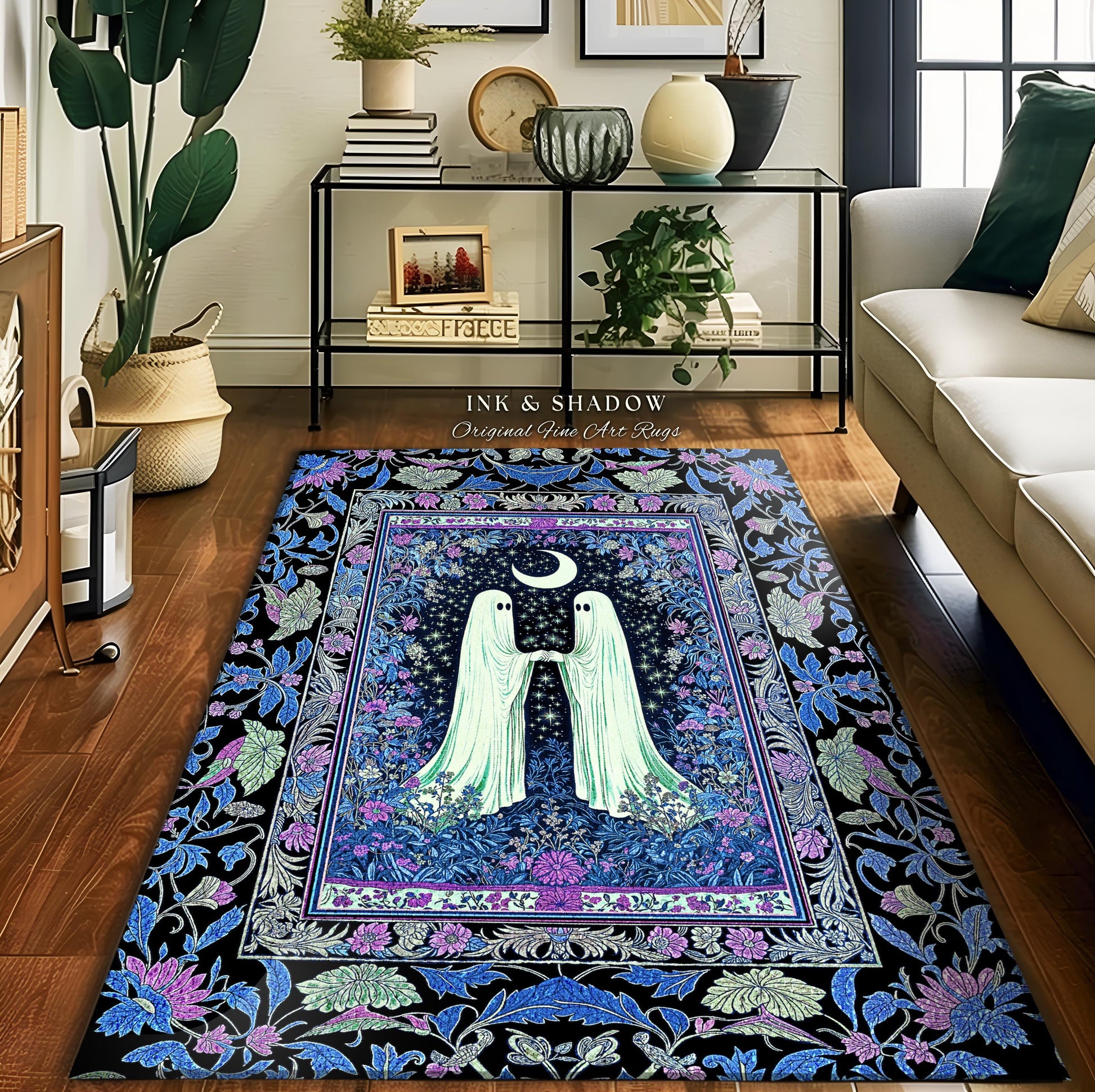 Indigo Lavender Ghost Accent Rug | Cottagecore Celestial Bedroom Decor Whimsigoth Spirits Cozy Retro Halloween Enchanted Night Gothic Style