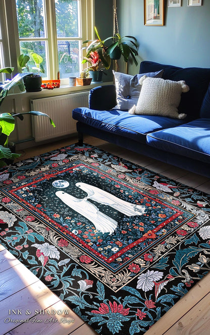 Crimson Gilded Ghost Lovers Rug | Dark Cottagecore Accent Celestial Bedroom Decor Witch-Inspired Whimsigoth Gothic Enchanted Cozy Aesthetic