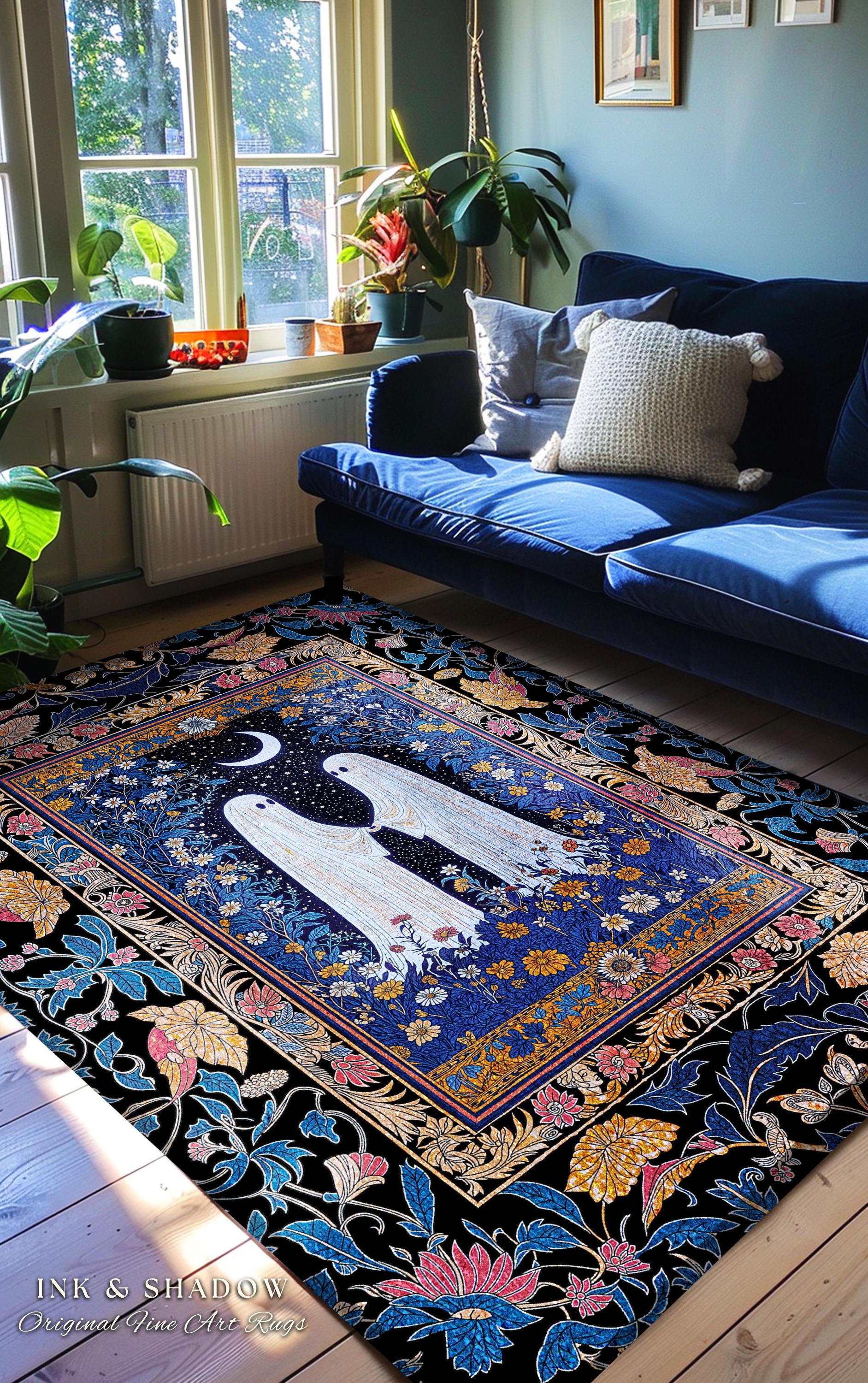 Midnight Garden Spirits Area Rug | Whimsical Halloween Bedroom Accent Celestial Decor Cottagecore Witchy Whimsigoth Aesthetic Dark Academia