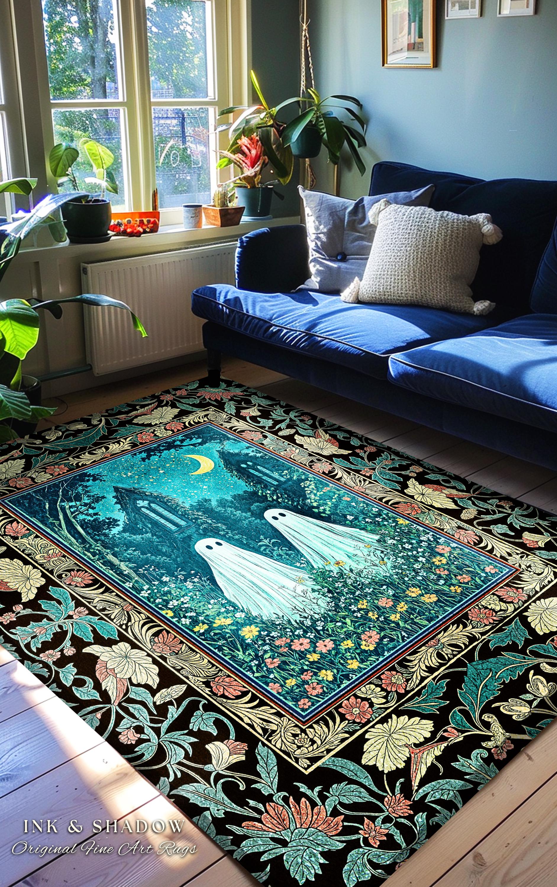 Witchy Baroque Ghost Garden Rug | Cozy Halloween Accent Enchanted Ghost Decor Whimsical Academia Bedroom Celestial Cottagecore Floral Style