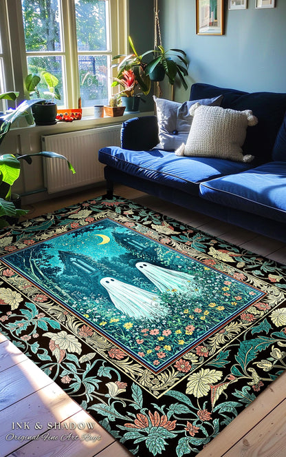 Witchy Baroque Ghost Garden Rug | Cozy Halloween Accent Enchanted Ghost Decor Whimsical Academia Bedroom Celestial Cottagecore Floral Style