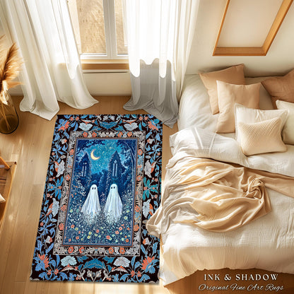 Phantom Friends Celestial Ghost Rug | Whimsical Dark Cottagecore Bedroom Accent Spooky Cute Halloween Decor Enchanted Gothic Dark Academia