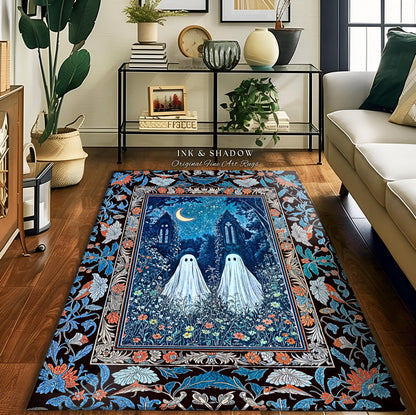Phantom Friends Celestial Ghost Rug | Whimsical Dark Cottagecore Bedroom Accent Spooky Cute Halloween Decor Enchanted Gothic Dark Academia
