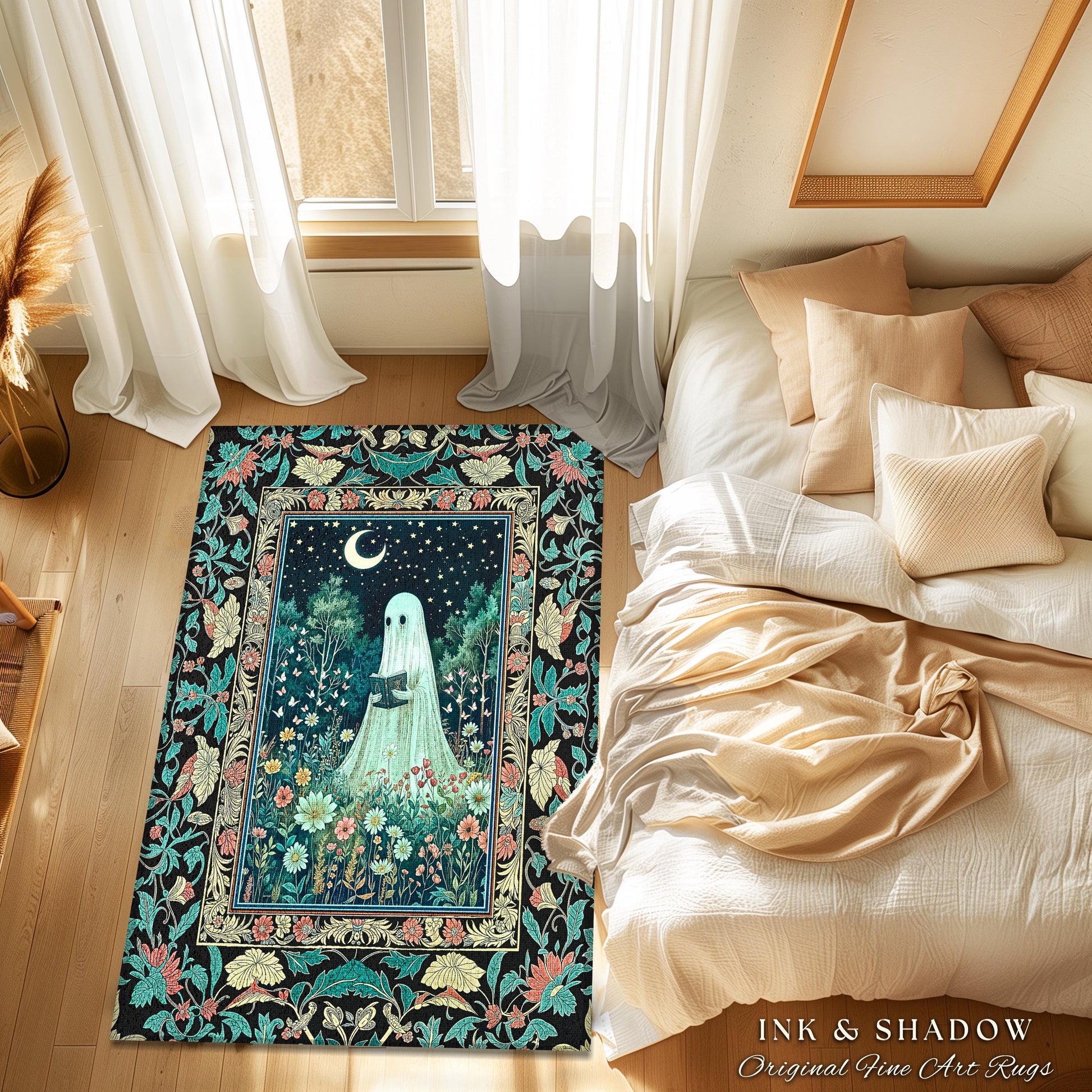 Twilight Magic Reading Ghost Rug | Mystical Cottagecore Halloween Rug Celestial Haunted Book Nook Accent Whimsigoth Home Decor Bookish Style