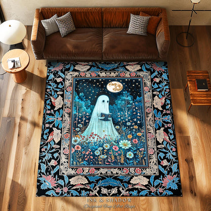Dark Floral Full Moon Ghost Area Rug | Whimsigoth Book Nook Rug Mystical Halloween Accent Cottagecore Bedroom Reader Home Decor Autumn Style
