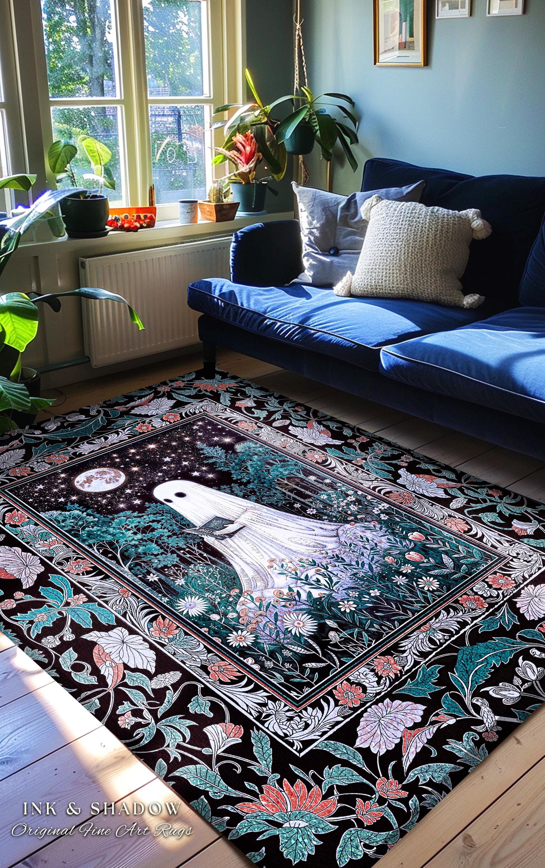 Bookish Aesthetic Celestial Ghost Rug | Mystical Cottagecore Bedroom Accent Halloween Reading Rug Whimsigoth Home Decor Witchy Gothic Style