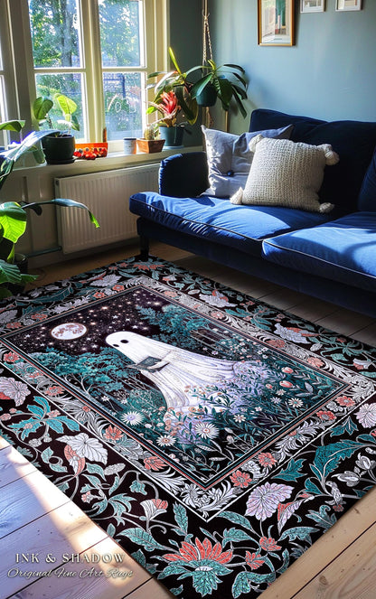 Bookish Aesthetic Celestial Ghost Rug | Mystical Cottagecore Bedroom Accent Halloween Reading Rug Whimsigoth Home Decor Witchy Gothic Style
