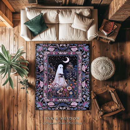 Pastel Witchy Reading Ghost Area Rug | Lavender Purple Whimsigoth Autumn Reading Bedroom Rug Mystical Cottagecore Decor Celestial Accent |