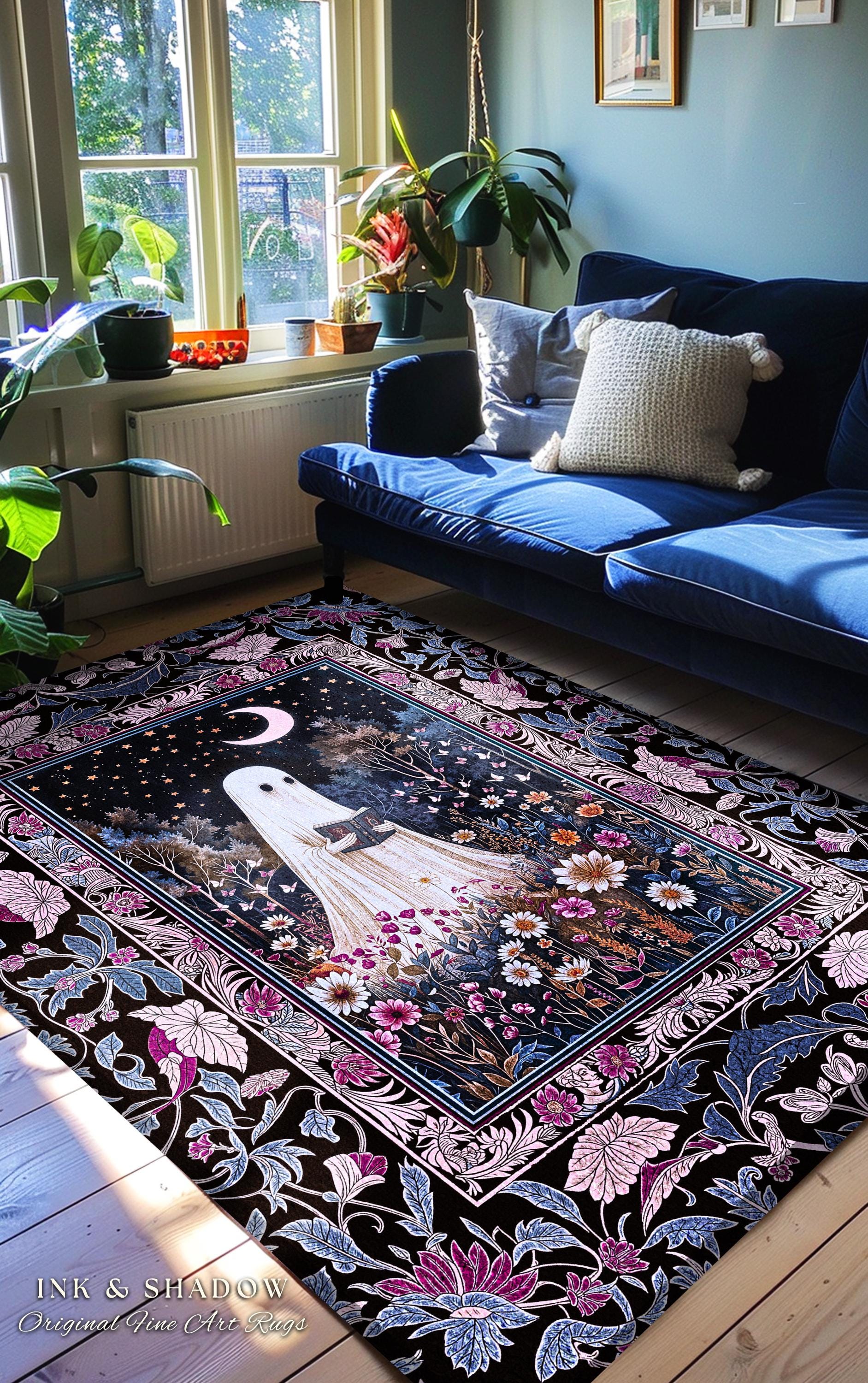 Pastel Witchy Reading Ghost Area Rug | Lavender Purple Whimsigoth Autumn Reading Bedroom Rug Mystical Cottagecore Decor Celestial Accent |