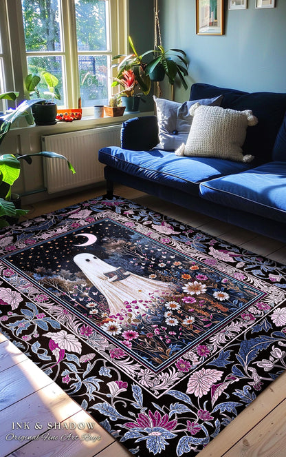 Pastel Witchy Reading Ghost Area Rug | Lavender Purple Whimsigoth Autumn Reading Bedroom Rug Mystical Cottagecore Decor Celestial Accent |
