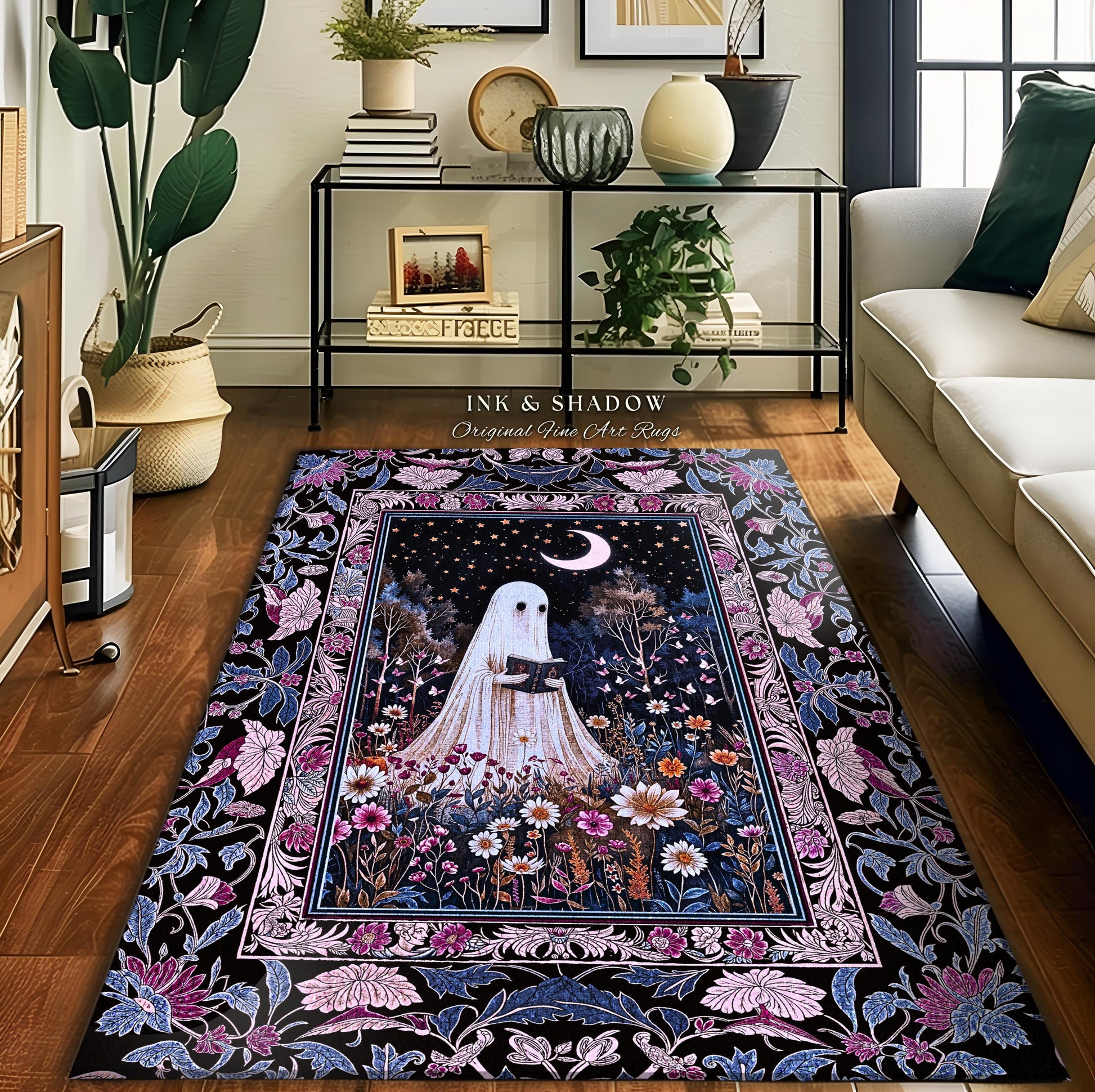 Pastel Witchy Reading Ghost Area Rug | Lavender Purple Whimsigoth Autumn Reading Bedroom Rug Mystical Cottagecore Decor Celestial Accent |