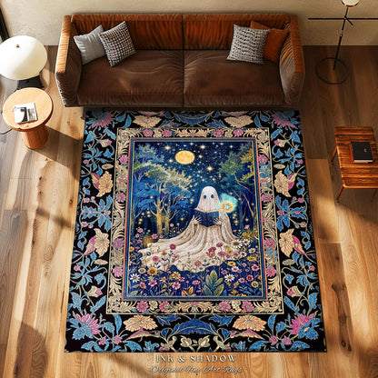 Spell Book Ghost Forest Area Rug | Mystical Book Rug Halloween Bedroom Decor Whimsigoth Cottagecore Reading Nook Celestial Autumn Home Style
