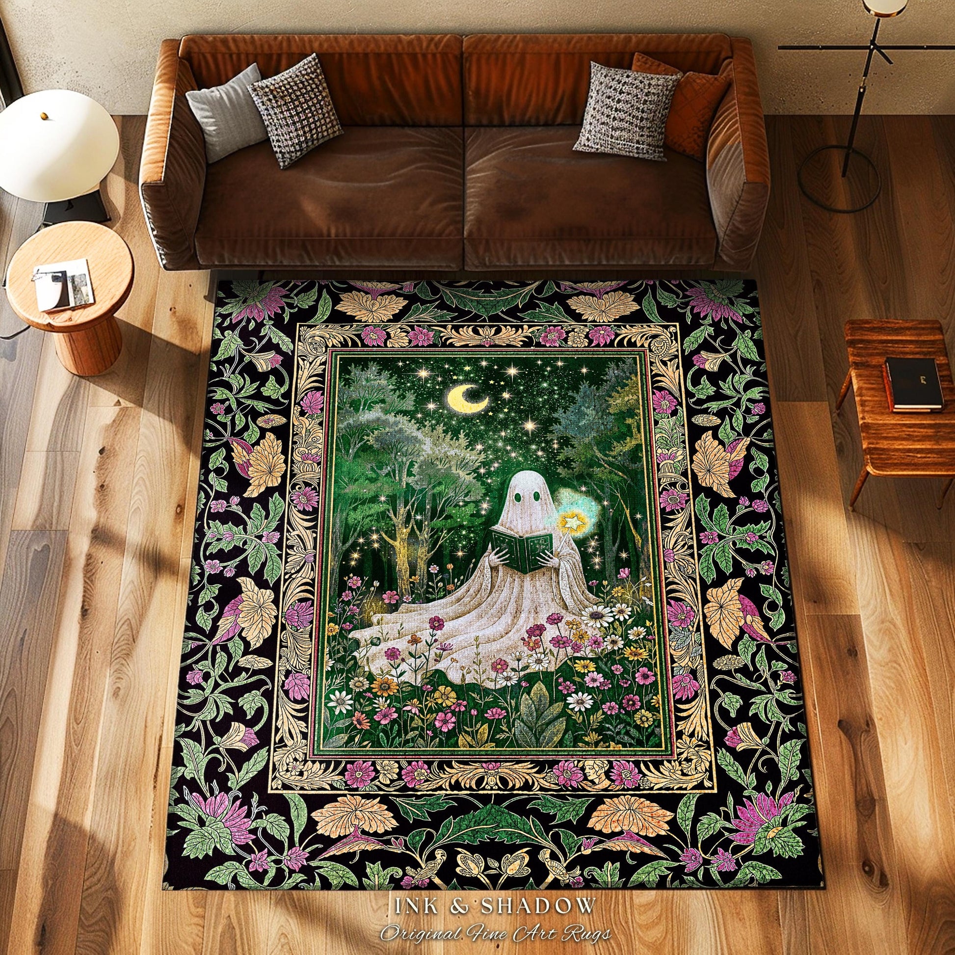Enchanted Forest Reading Ghost Rug | Mystical Celestial Book Nook Cottagecore Bedroom Whimsigoth Halloween Spirit Home Accent Gothic Style