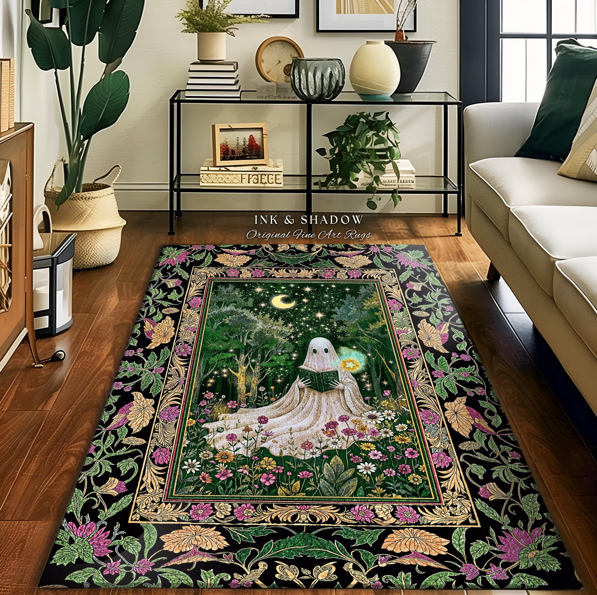 Enchanted Forest Reading Ghost Rug | Mystical Celestial Book Nook Cottagecore Bedroom Whimsigoth Halloween Spirit Home Accent Gothic Style