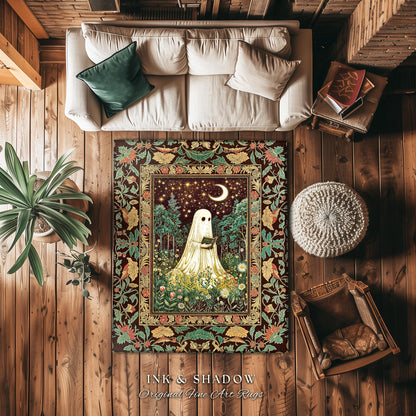 Haunted Midnight Reading Ghost Rug | Gothic Fairytale Bedroom Accent Mystical Cottagecore Decor Celestial Autumn Rug Whimsigoth Witchy Style