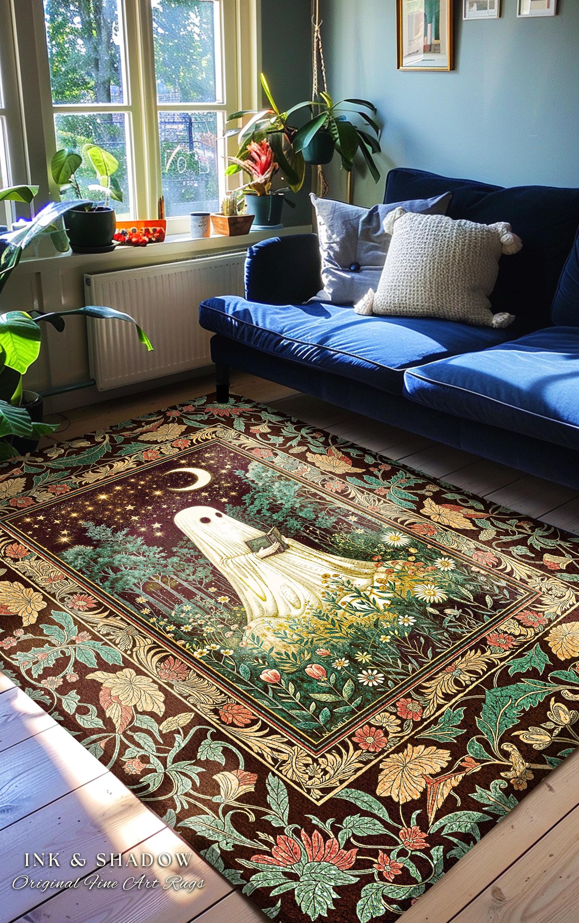 Haunted Midnight Reading Ghost Rug | Gothic Fairytale Bedroom Accent Mystical Cottagecore Decor Celestial Autumn Rug Whimsigoth Witchy Style