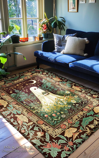 Haunted Midnight Reading Ghost Rug | Gothic Fairytale Bedroom Accent Mystical Cottagecore Decor Celestial Autumn Rug Whimsigoth Witchy Style