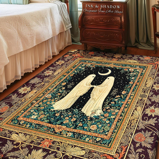 Crescent Moon Garden Ghosts Rug | Whimsical Cottagecore Bedroom Accent Haunted Decor Cozy Floral Whimsigoth Halloween Spirit Dark Academia |