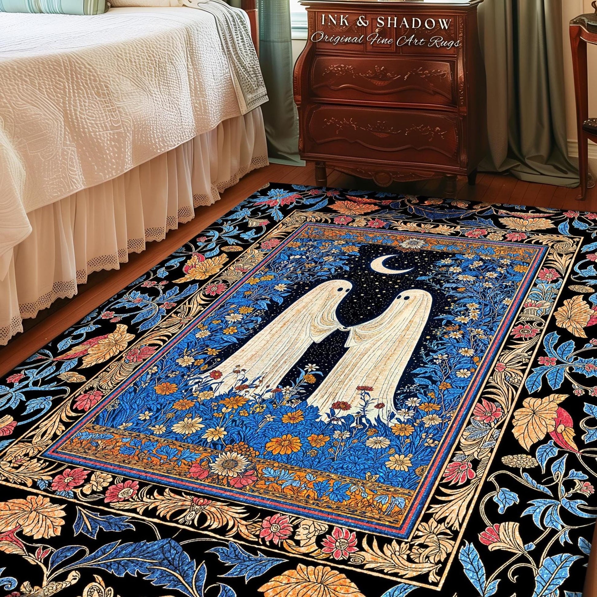 Dreamy Floral Spirits Area Rug | Moody Celestial Cottagecore Bedroom Accent Floral Halloween Ghost Decor Whimsigoth Ornate Gothic Enchanted