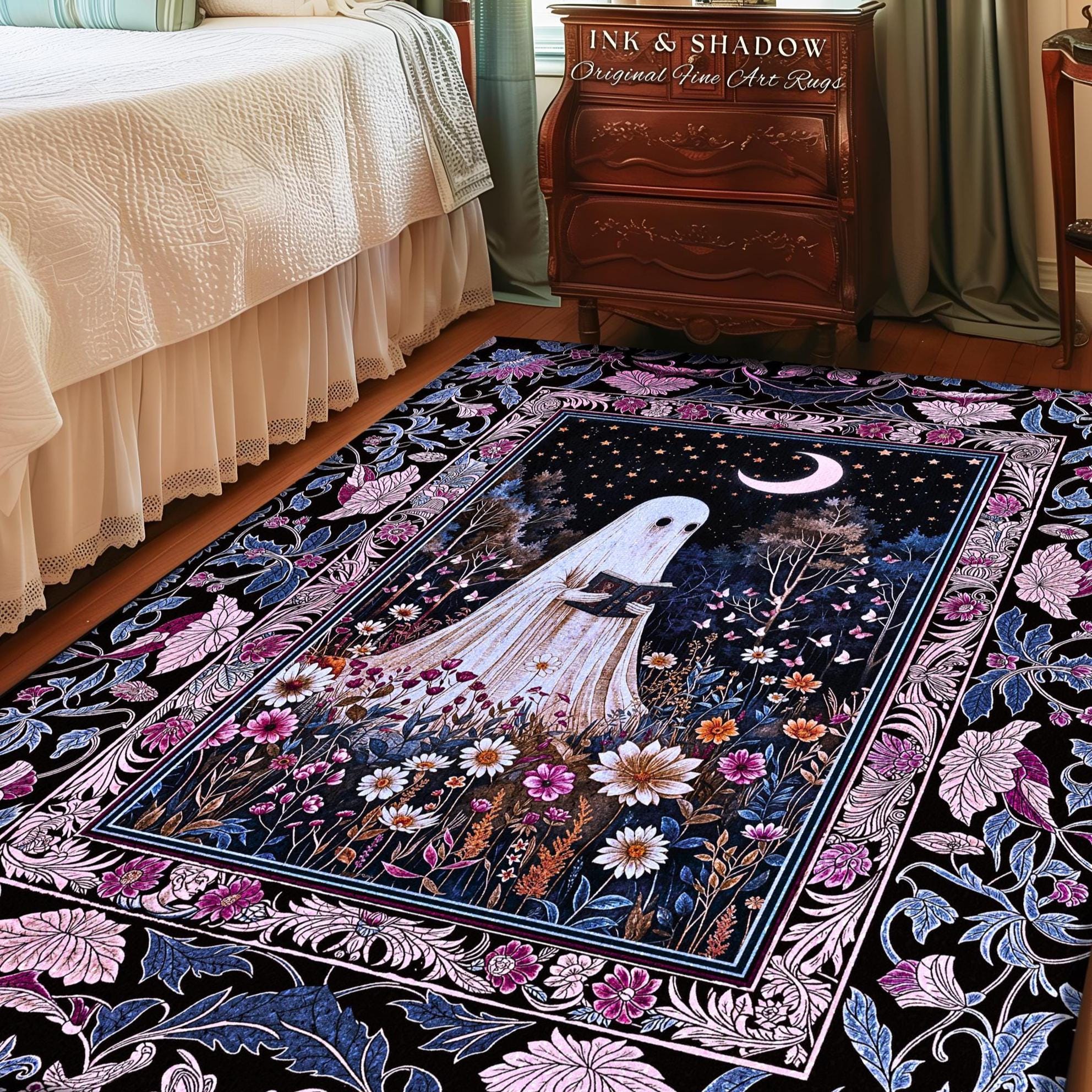 Pastel Witchy Reading Ghost Area Rug | Lavender Purple Whimsigoth