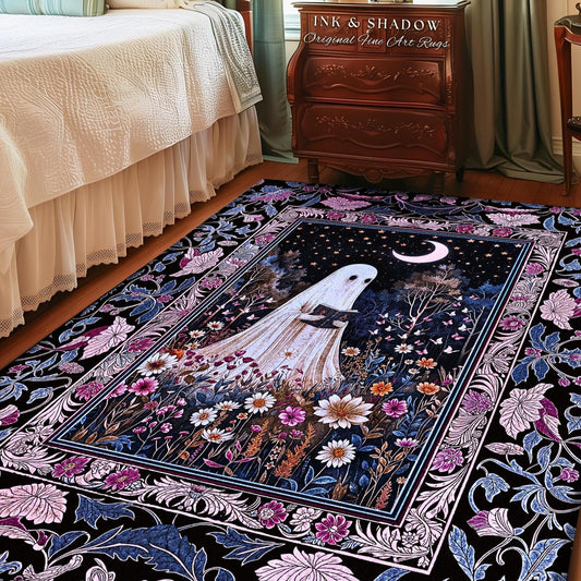 Pastel Witchy Reading Ghost Area Rug | Lavender Purple Whimsigoth Autumn Reading Bedroom Rug Mystical Cottagecore Decor Celestial Accent |