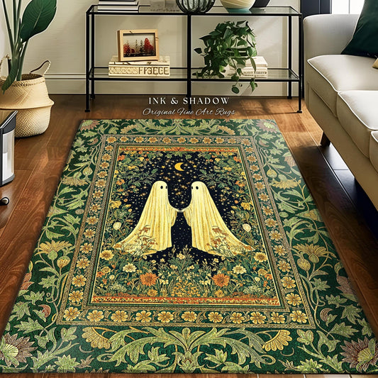 Haunted Meadow Ghost Area Rug | Cozy Cottagecore Bedroom Decor Floral Whimsigoth Cute Halloween Accent Enchanted Spirit Celestial Style Home