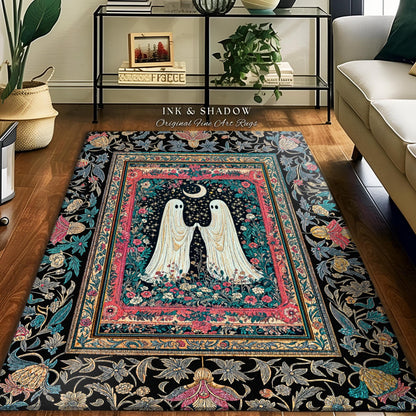 Retro Pastels Floral Ghost Accent Rug | Whimsigoth Halloween Bedroom Decor Dark Cottagecore Celestial Spirit Haunted Enchanted Cozy Gothic |