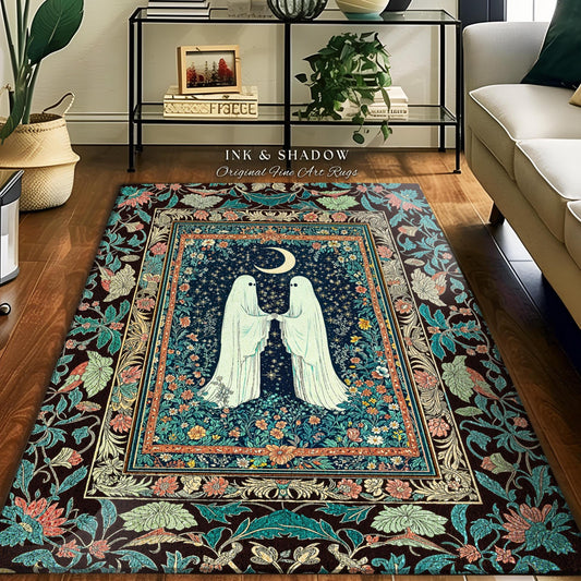 Secret Garden Ghost Lovers Rug | Cozy Cottagecore Bedroom Accent Floral Halloween Decor Celestial Whimsigoth Gothic Enchanted Moody Home |