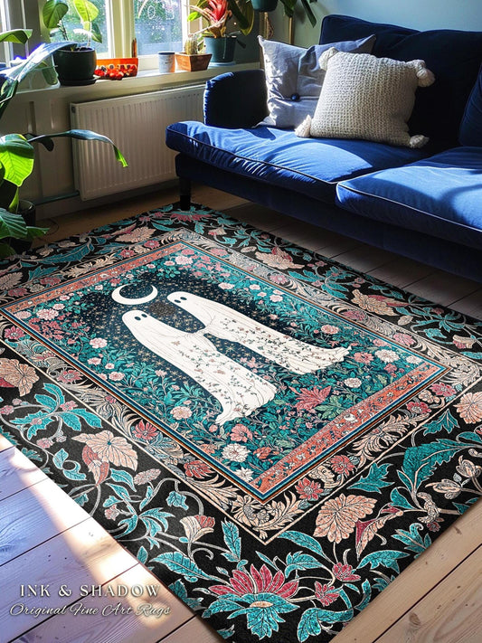 Jewel Toned Botanical Ghost Rug | Dark Cottagecore Halloween Bedroom Decor Celestial Accent Whimsigoth Spirit Gothic Starry Cozy Aesthetic |