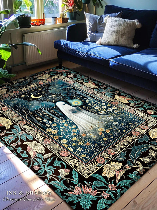 Magical Meadow Haunted Ghost Rug | Whimsigoth Halloween Cottagecore Bedroom Rug Mystic Gothic Decor Home Accent Fall Spirit Book Nook Style