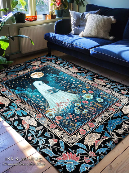 Dark Floral Full Moon Ghost Area Rug | Whimsigoth Book Nook Rug Mystical Halloween Accent Cottagecore Bedroom Reader Home Decor Autumn Style