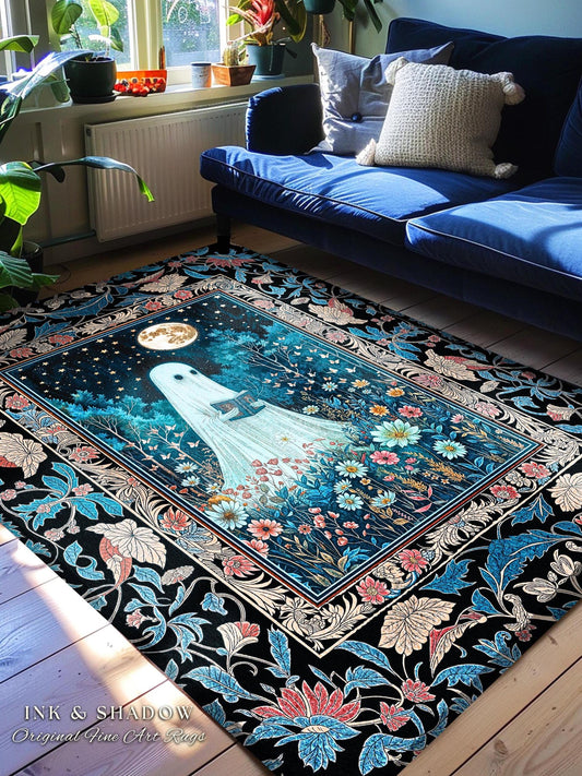 Dark Floral Full Moon Ghost Area Rug | Whimsigoth Book Nook Rug Mystical Halloween Accent Cottagecore Bedroom Reader Home Decor Autumn Style
