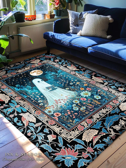 Dark Floral Full Moon Ghost Area Rug | Whimsigoth Book Nook Rug Mystical Halloween Accent Cottagecore Bedroom Reader Home Decor Autumn Style