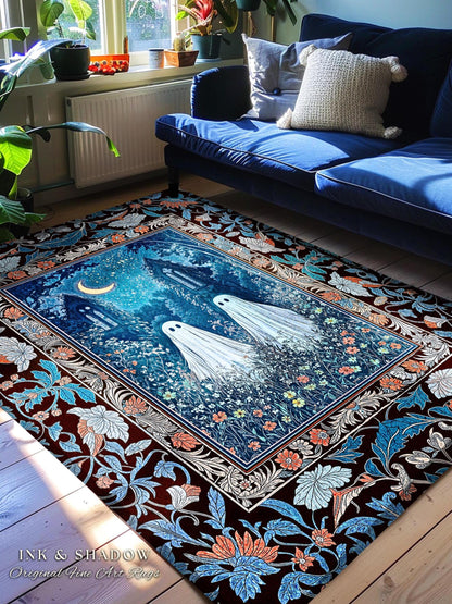 Phantom Friends Celestial Ghost Rug | Whimsical Dark Cottagecore Bedroom Accent Spooky Cute Halloween Decor Enchanted Gothic Dark Academia