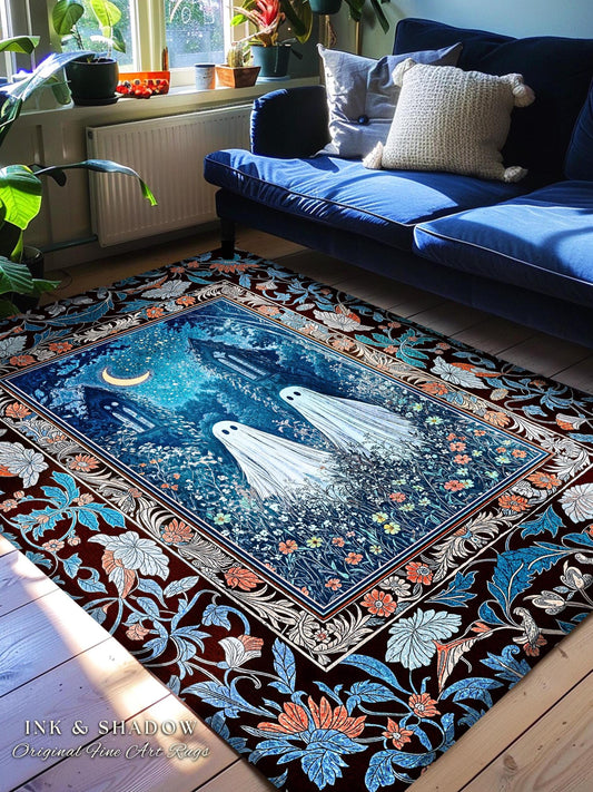 Phantom Friends Celestial Ghost Rug | Whimsical Dark Cottagecore Bedroom Accent Spooky Cute Halloween Decor Enchanted Gothic Dark Academia