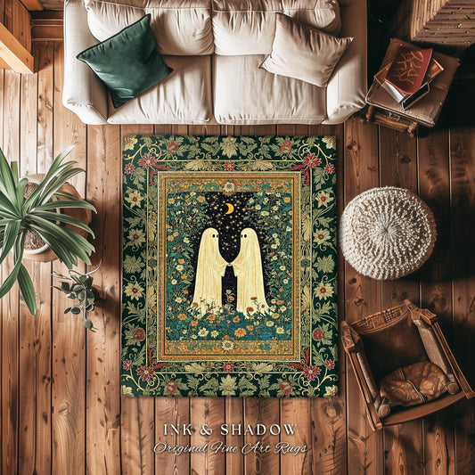 Romantic Cozy Ghost Friends Area Rug | Celestial Cottagecore Witchy Decor Gothic Bedroom Accent Whimsigoth Aesthetic Folklore Inspired Rug |