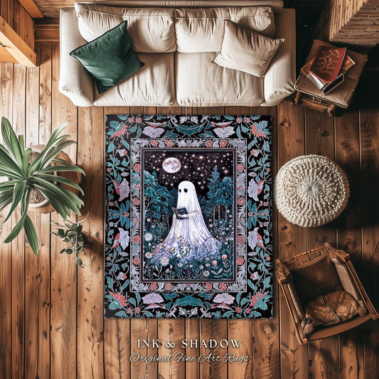 Bookish Aesthetic Celestial Ghost Rug | Mystical Cottagecore Bedroom Accent Halloween Reading Rug Whimsigoth Home Decor Witchy Gothic Style