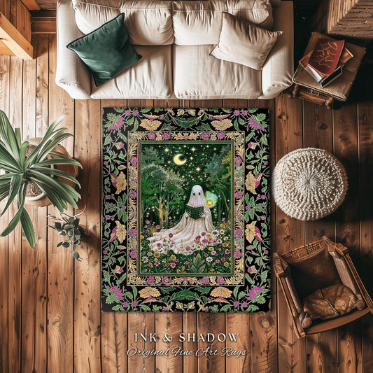 Enchanted Forest Reading Ghost Rug | Mystical Celestial Book Nook Cottagecore Bedroom Whimsigoth Halloween Spirit Home Accent Gothic Style