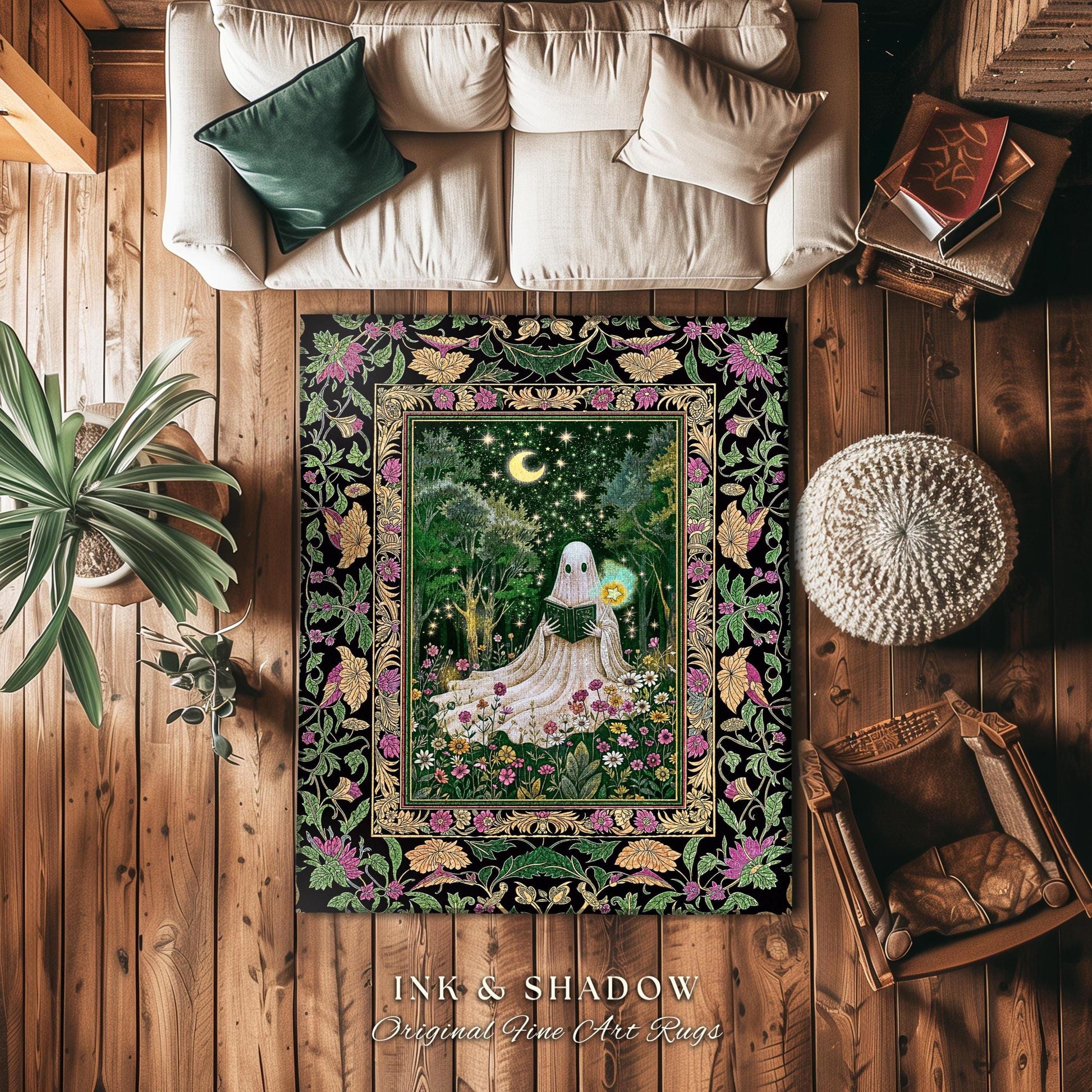 Enchanted Forest Reading Ghost Rug | Mystical Celestial Book Nook Cottagecore Bedroom Whimsigoth Halloween Spirit Home Accent Gothic Style