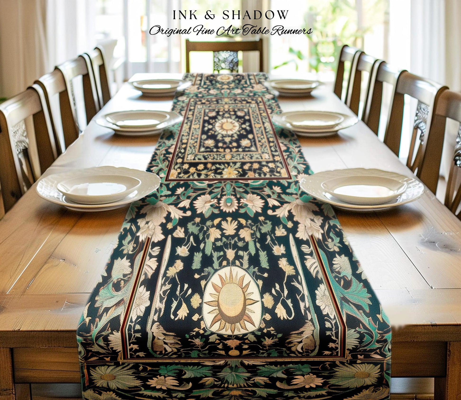 Witchy Sun Dark Academia Table Runner | Bohemian Rustic Whimsical Gothic Maximalist Dining Table Whimsical Celestial Astrology Aesthetic |