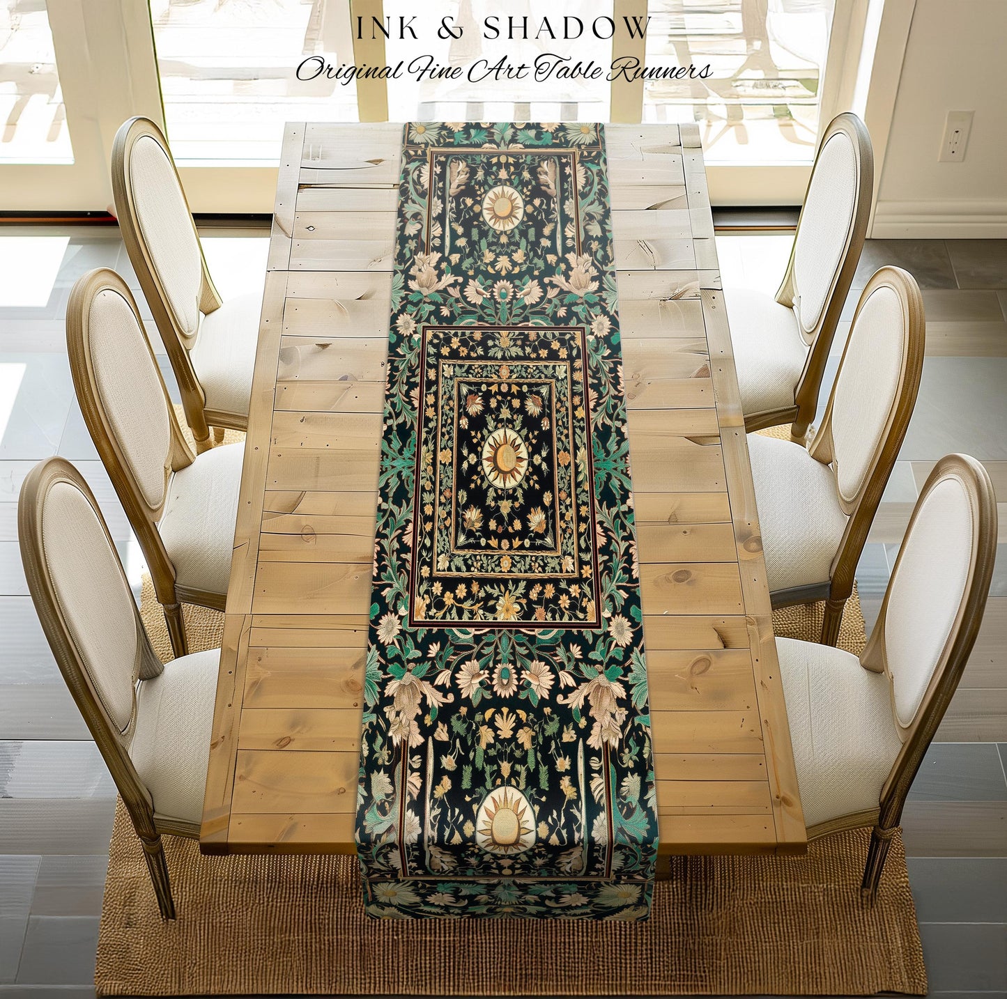 Witchy Sun Dark Academia Table Runner | Bohemian Rustic Whimsical Gothic Maximalist Dining Table Whimsical Celestial Astrology Aesthetic |
