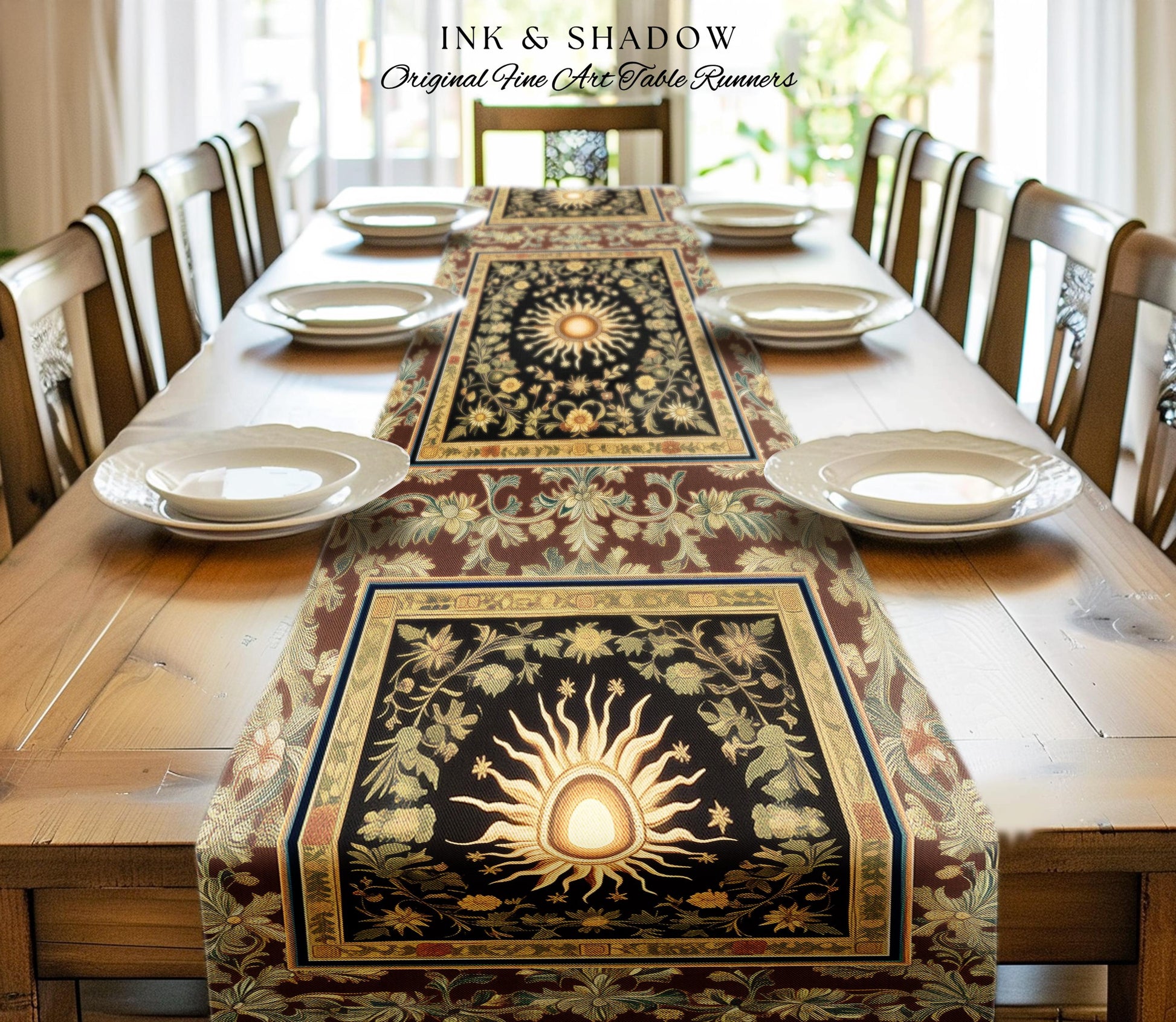 Ethereal Energy Celestial Table Runner | Mystic Boho Maximalist Astrology Inspired Witchy Sun & Moon Gothic Dining Room Decor Enchanted |