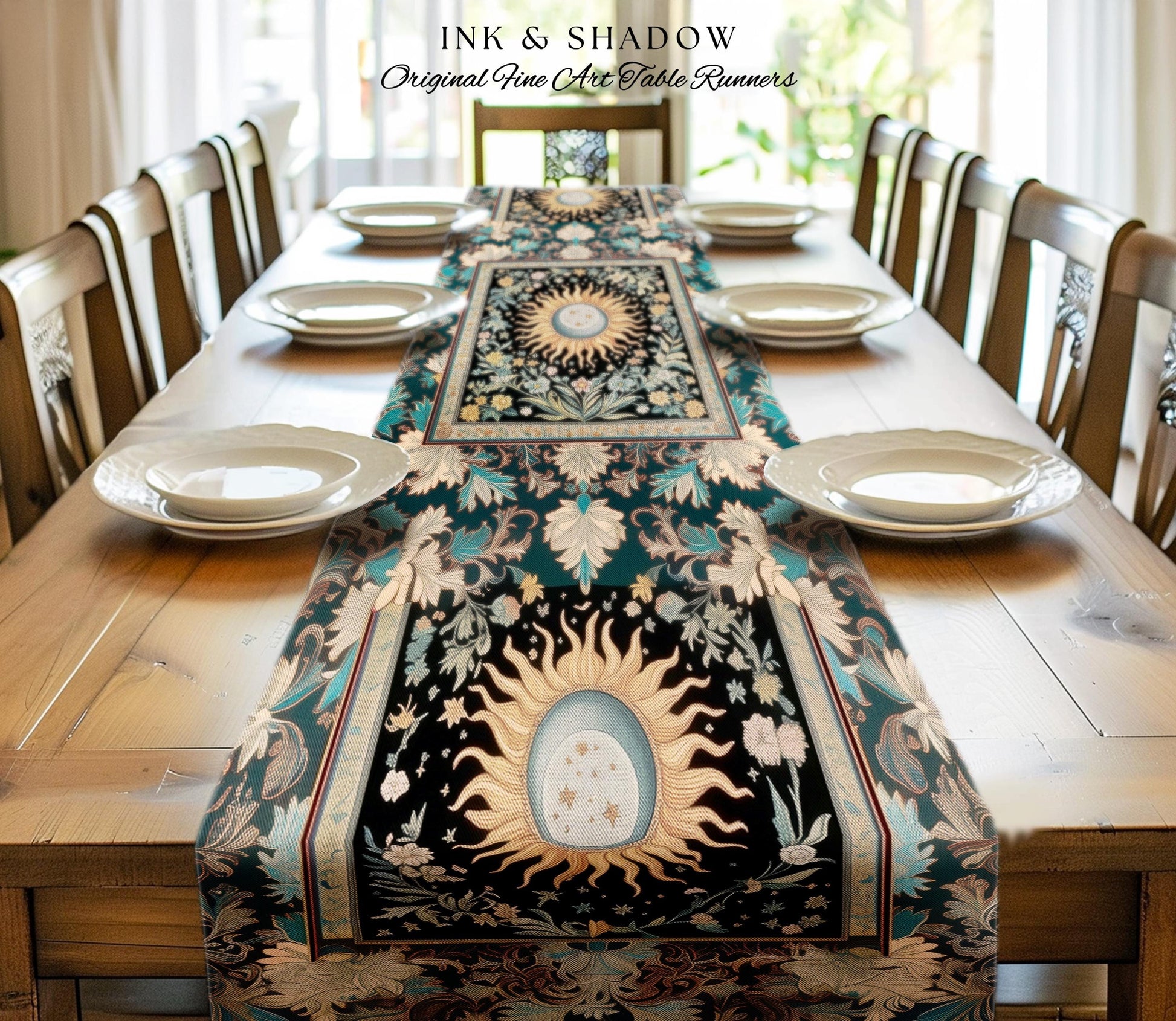 Enchanted Zodiac Mystic Table Runner | Celestial Gothic Tarot Inspired Dining Room Astrology Bohemian Sun and Moon Witchy Maximalist Dreamy