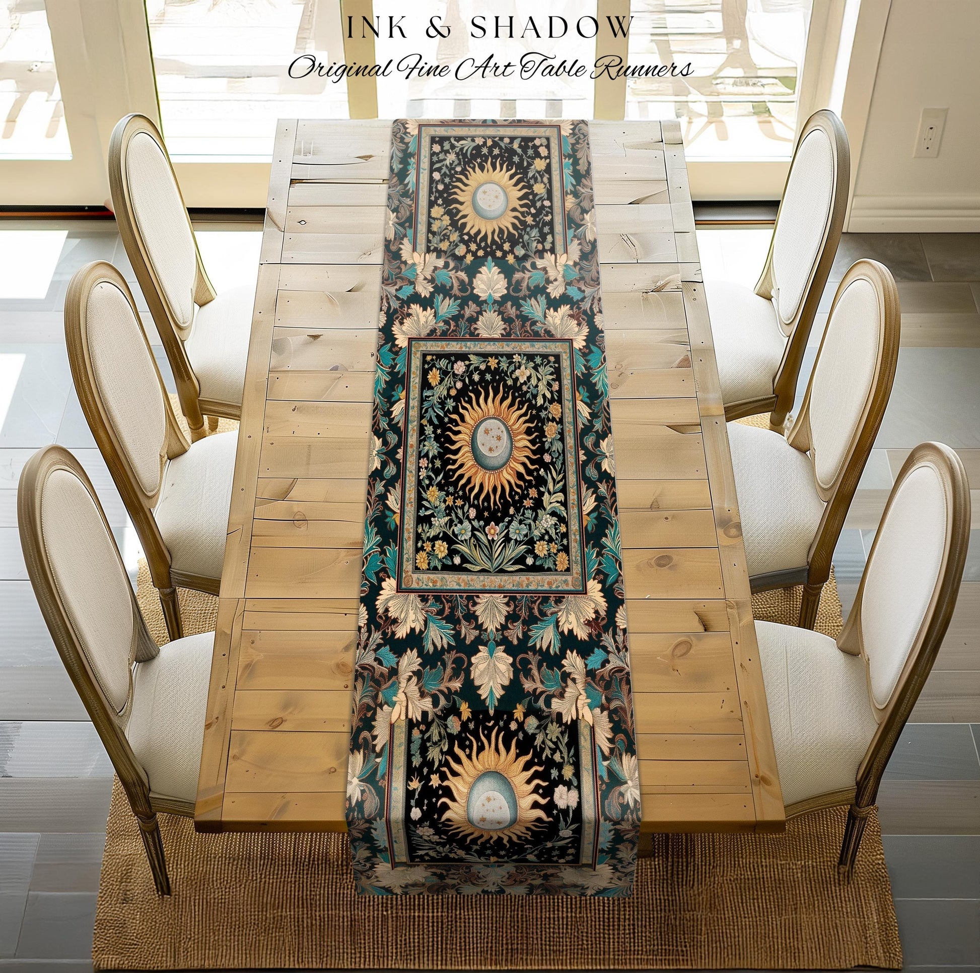 Enchanted Zodiac Mystic Table Runner | Celestial Gothic Tarot Inspired Dining Room Astrology Bohemian Sun and Moon Witchy Maximalist Dreamy
