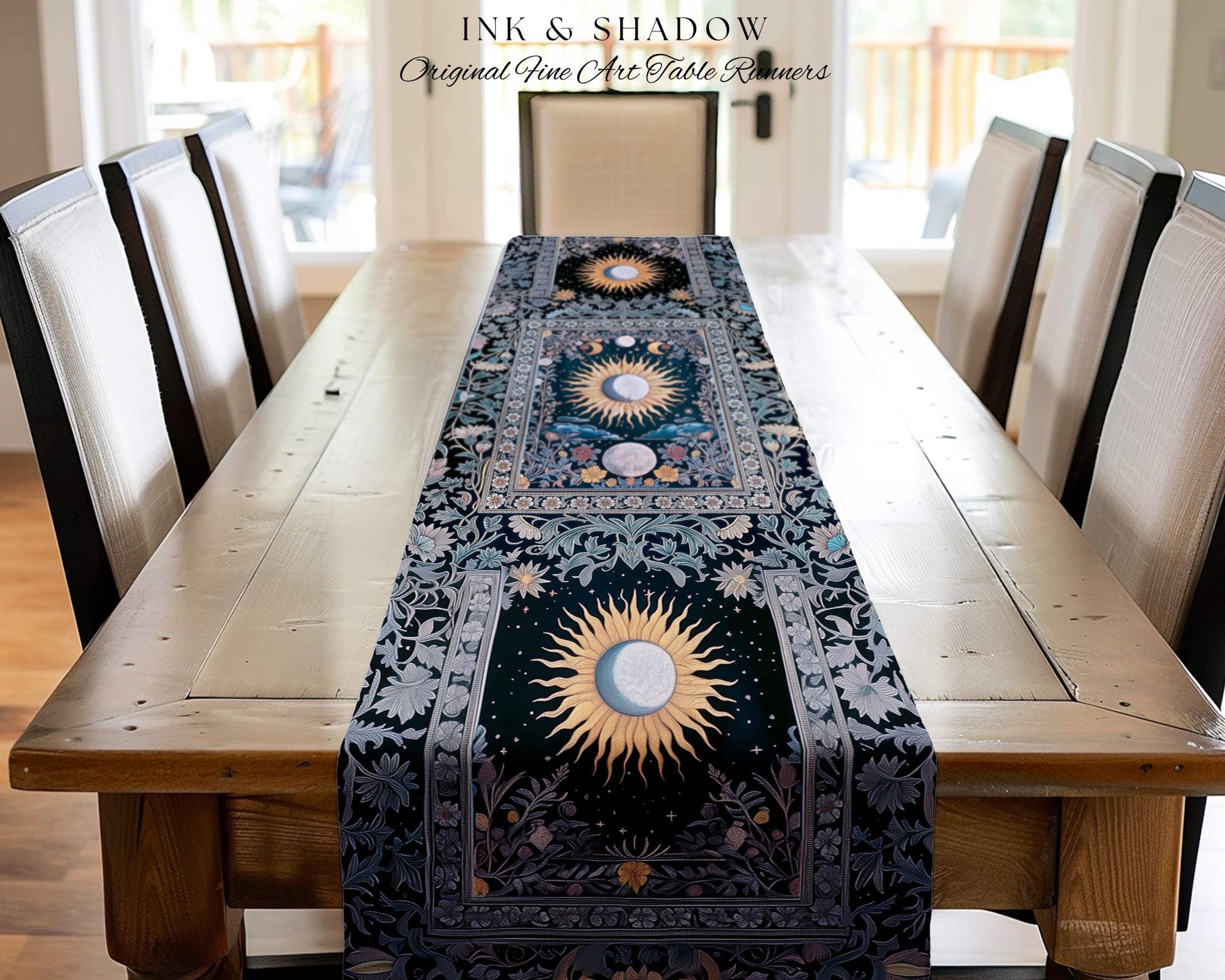Whimsigothic Eclectic Moon Table Runner | Celestial Boho Mystic Tarot-Inspired Dining Room Astrology Decor Witchy Maximalist Aesthetic |