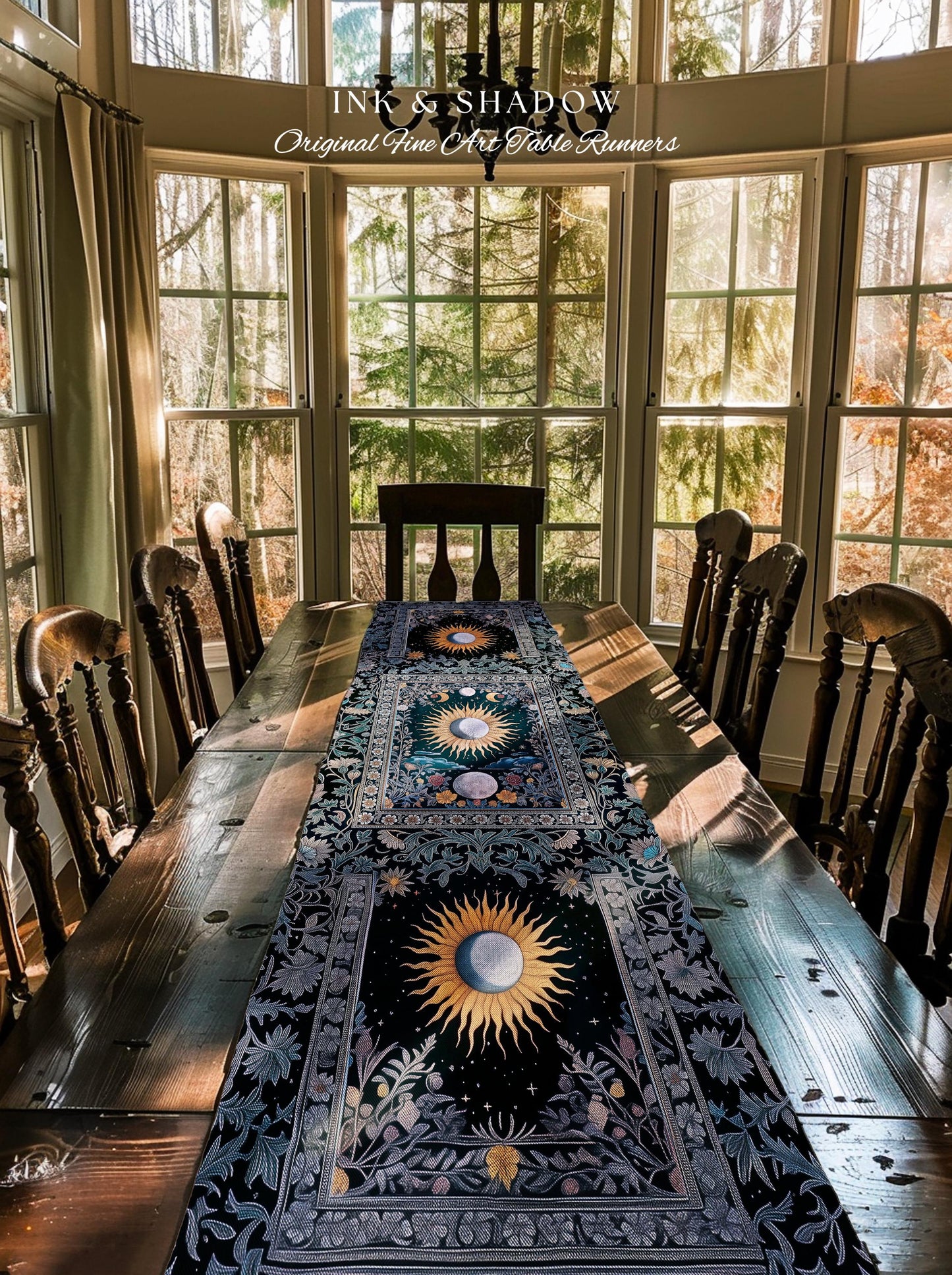 Whimsigothic Eclectic Moon Table Runner | Celestial Boho Mystic Tarot-Inspired Dining Room Astrology Decor Witchy Maximalist Aesthetic |