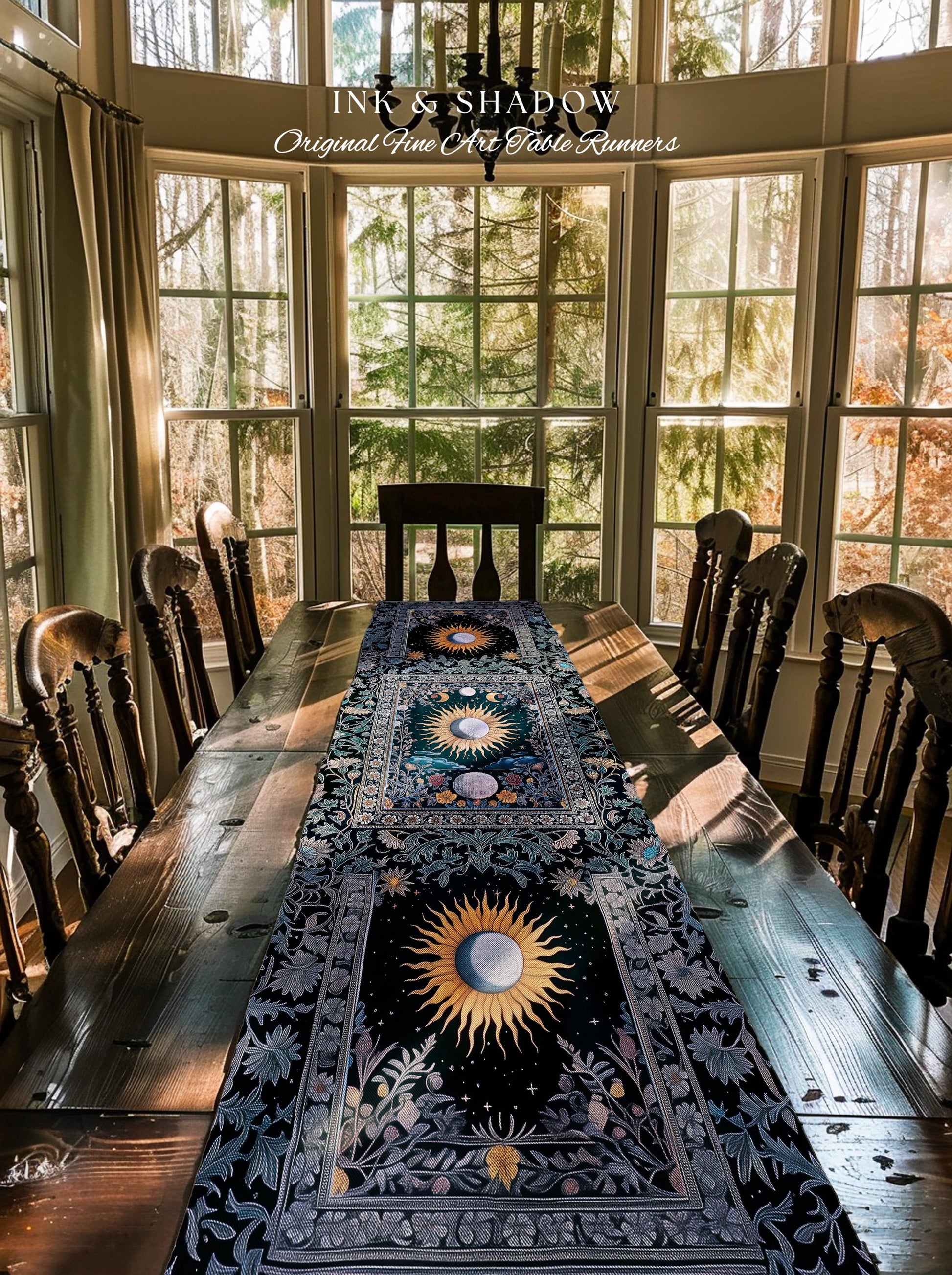 Whimsigothic Eclectic Moon Table Runner | Celestial Boho Mystic Tarot-Inspired Dining Room Astrology Decor Witchy Maximalist Aesthetic |