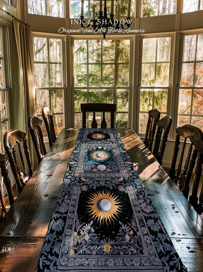 Whimsigothic Eclectic Moon Table Runner | Celestial Boho Mystic Tarot-Inspired Dining Room Astrology Decor Witchy Maximalist Aesthetic |